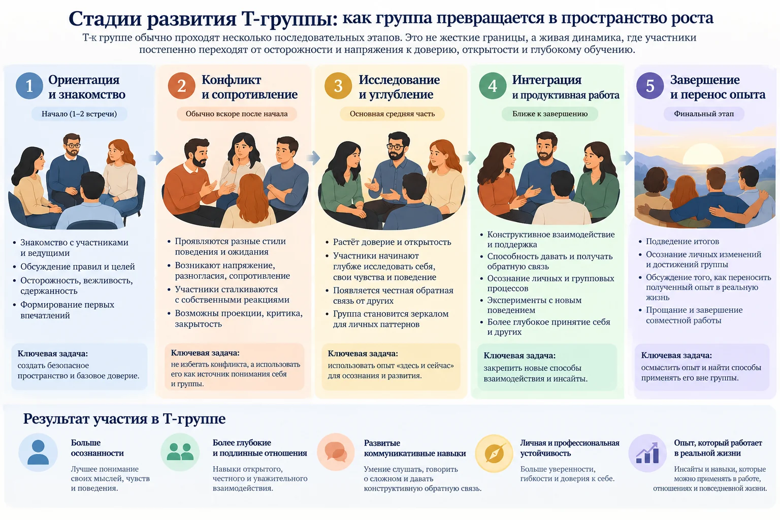 Инфографика: ориентация и знакомство, конфликт, исследование, совместная работа и завершение Т-группы