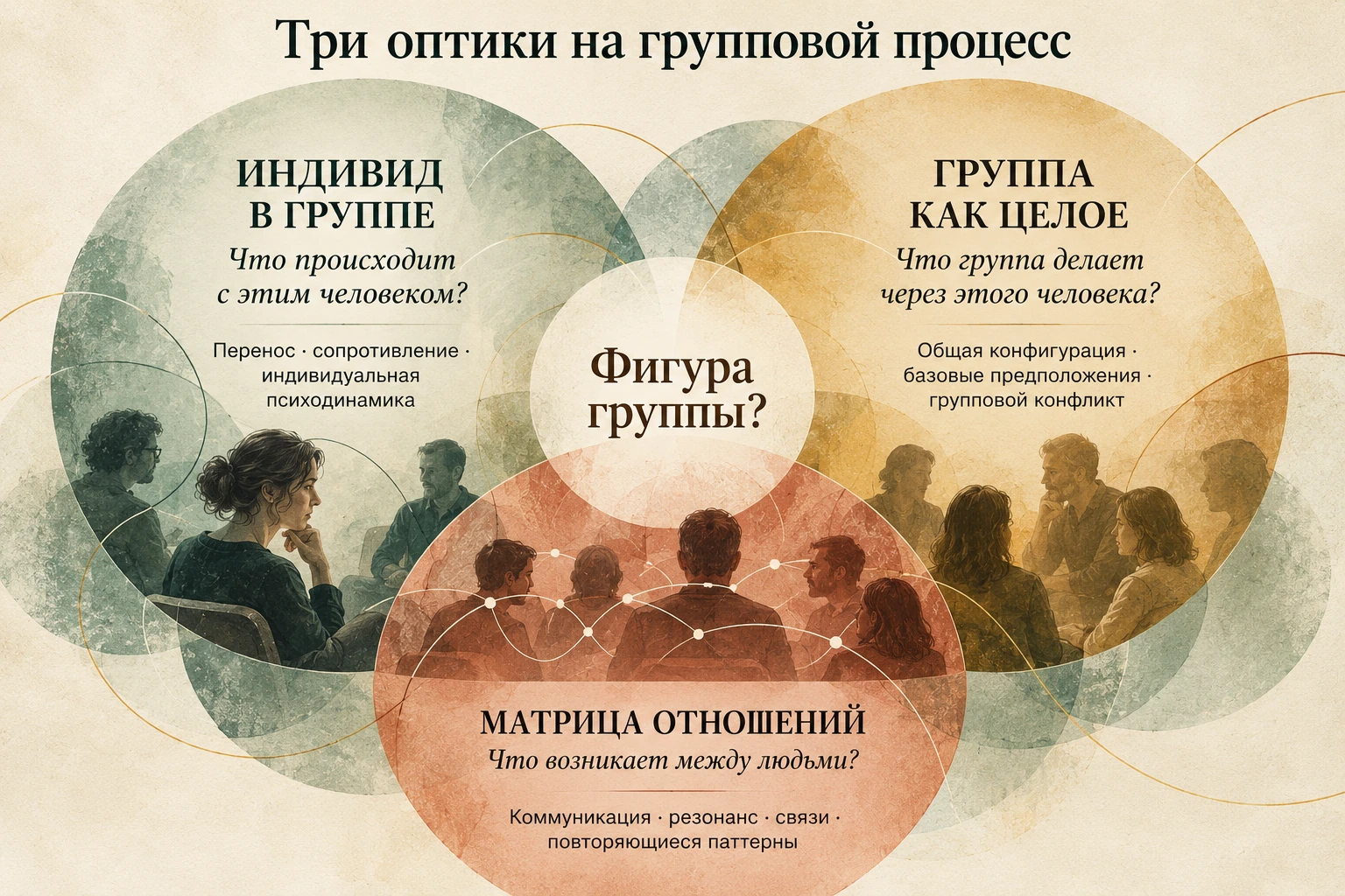 Три психоаналитические оптики группового процесса: индивид, группа как целое и матрица отношений